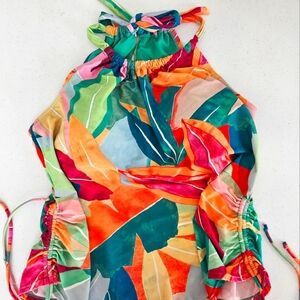 Time and Tru Green and Pink Swim Top with Vibrant Design